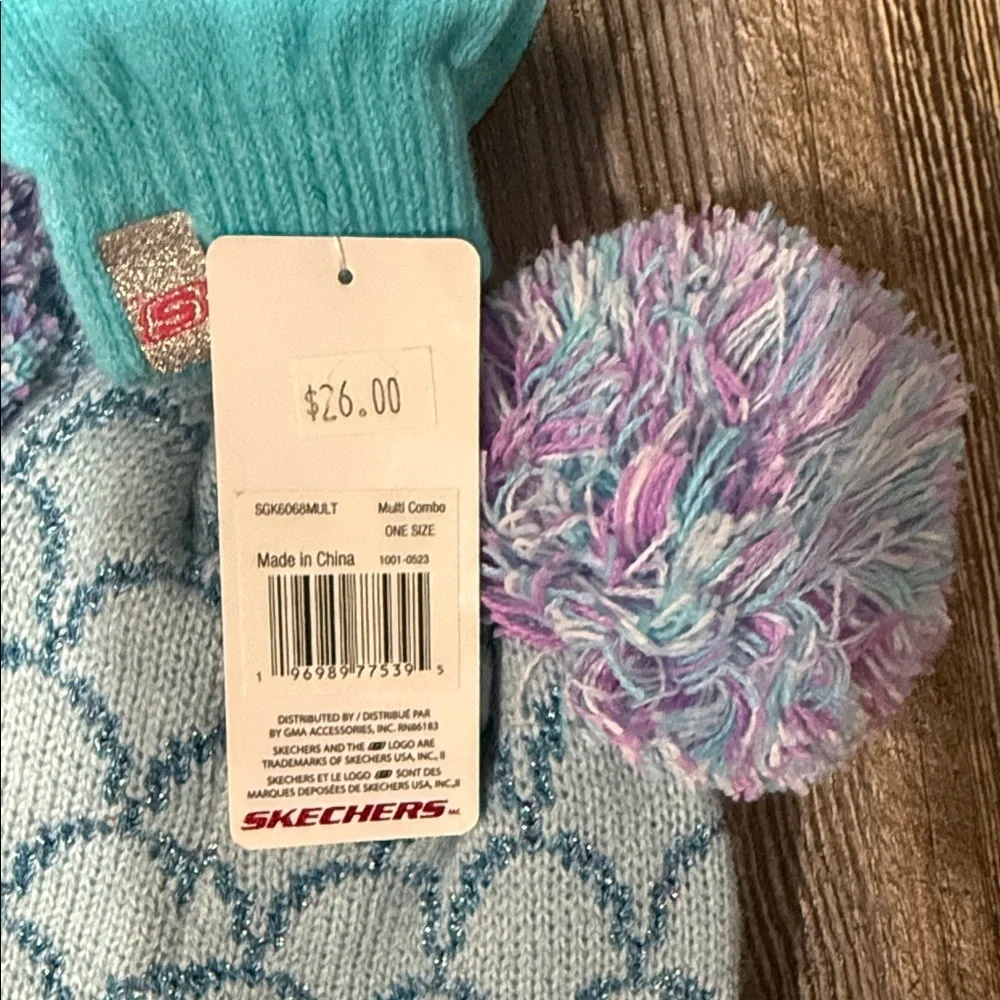 Skechers Mermaid Kids Hat with Pom Poms - Blue and White